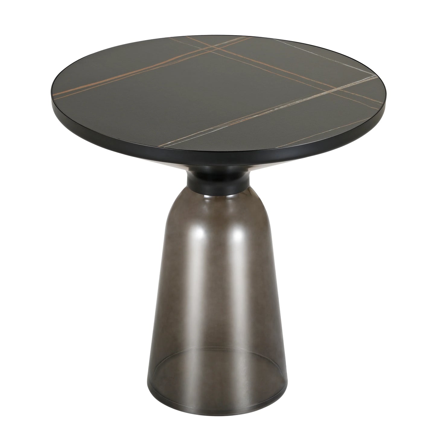 Tully 19-Inch Round Glass/Stone Side Table with Iron Rim Frame and Glass Base - Elax Furniture