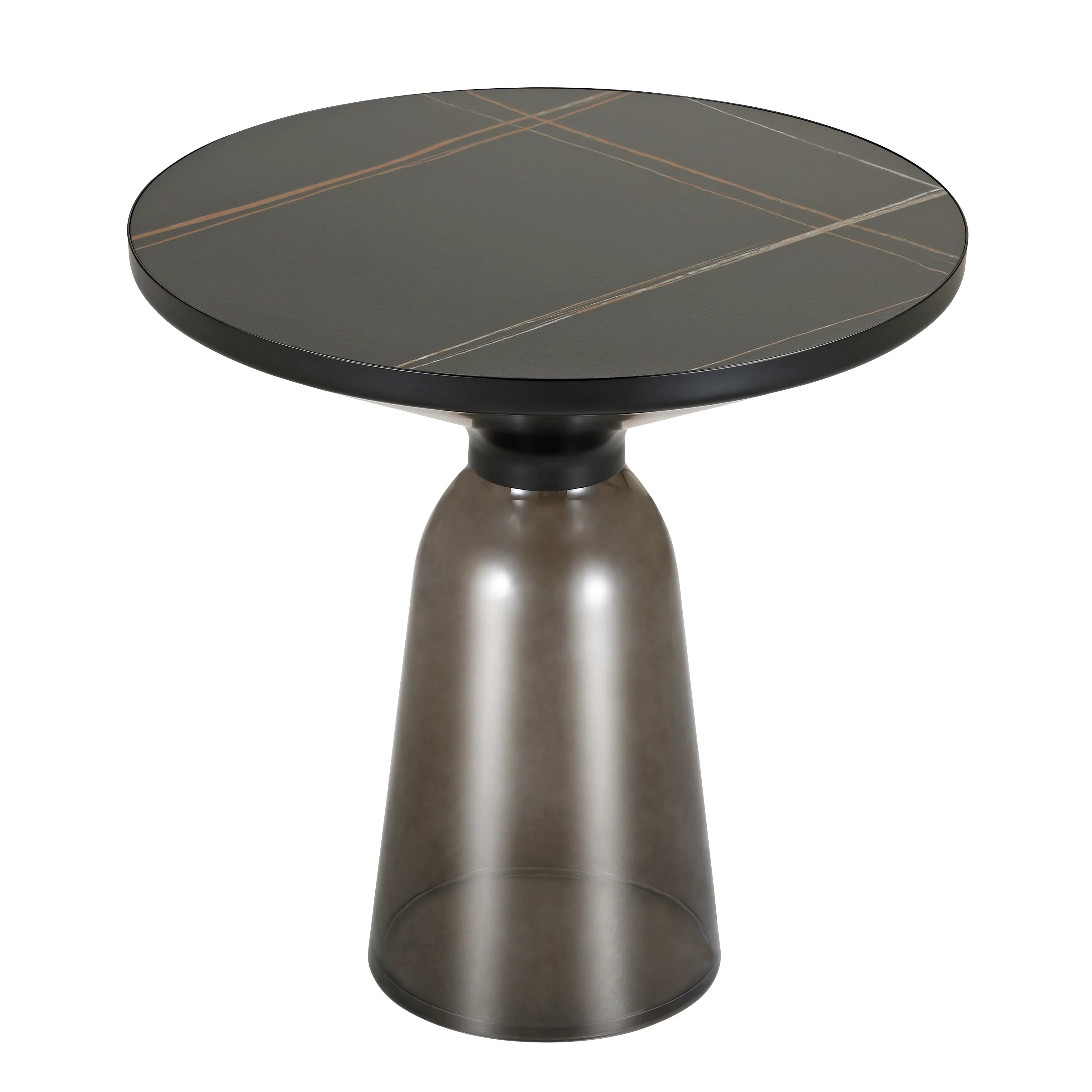 Tully 19-Inch Round Glass/Stone Side Table with Iron Rim Frame and Glass Base - Elax Furniture