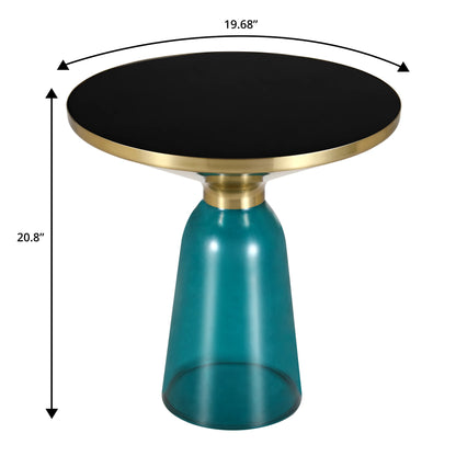 Tully 19-Inch Round Glass/Stone Side Table with Iron Rim Frame and Glass Base - Elax Furniture