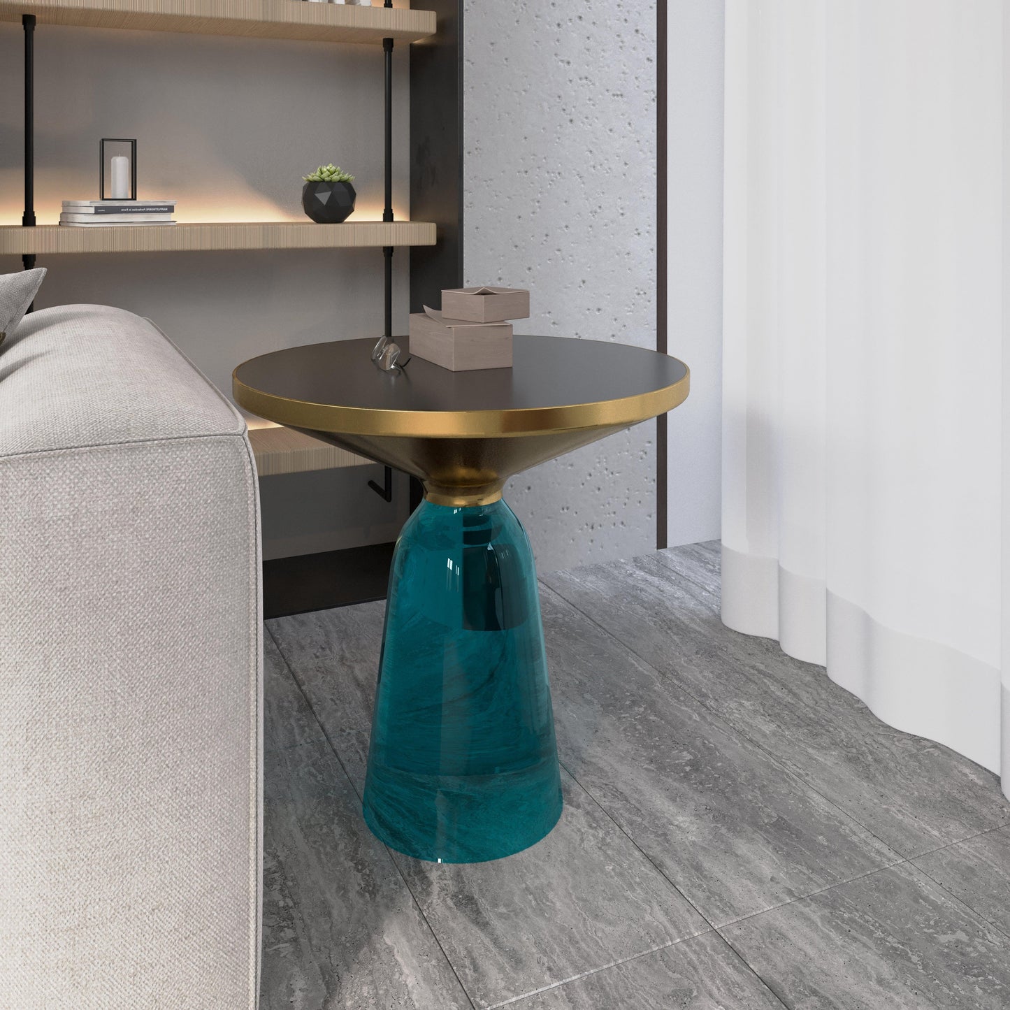 Tully 19-Inch Round Glass/Stone Side Table with Iron Rim Frame and Glass Base - Elax Furniture