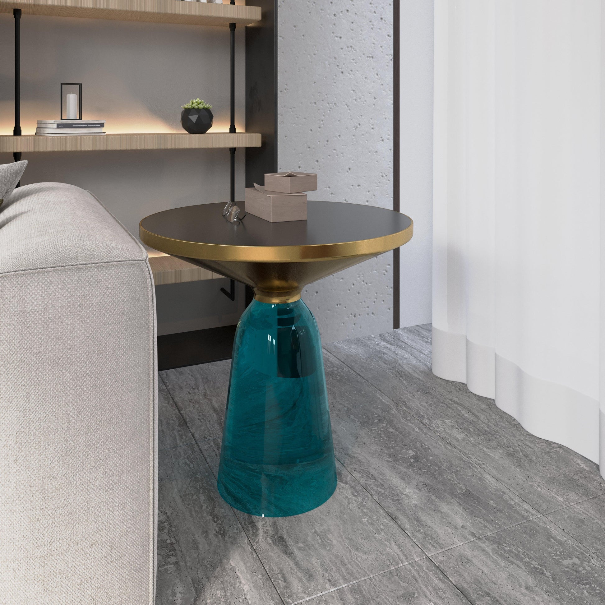 Tully 19-Inch Round Glass/Stone Side Table with Iron Rim Frame and Glass Base - Elax Furniture