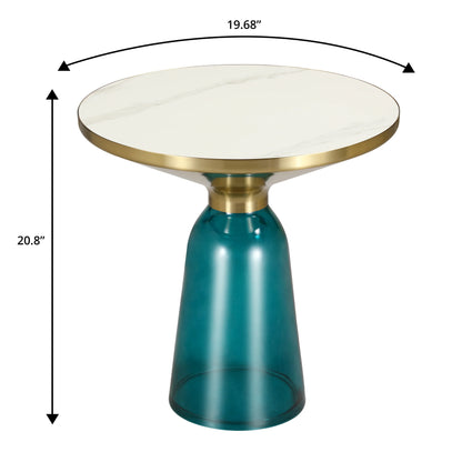Tully 19-Inch Round Glass/Stone Side Table with Iron Rim Frame and Glass Base - Elax Furniture