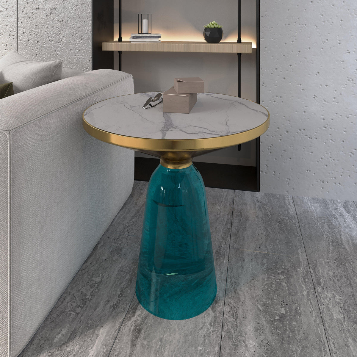 Tully 19-Inch Round Glass/Stone Side Table with Iron Rim Frame and Glass Base - Elax Furniture