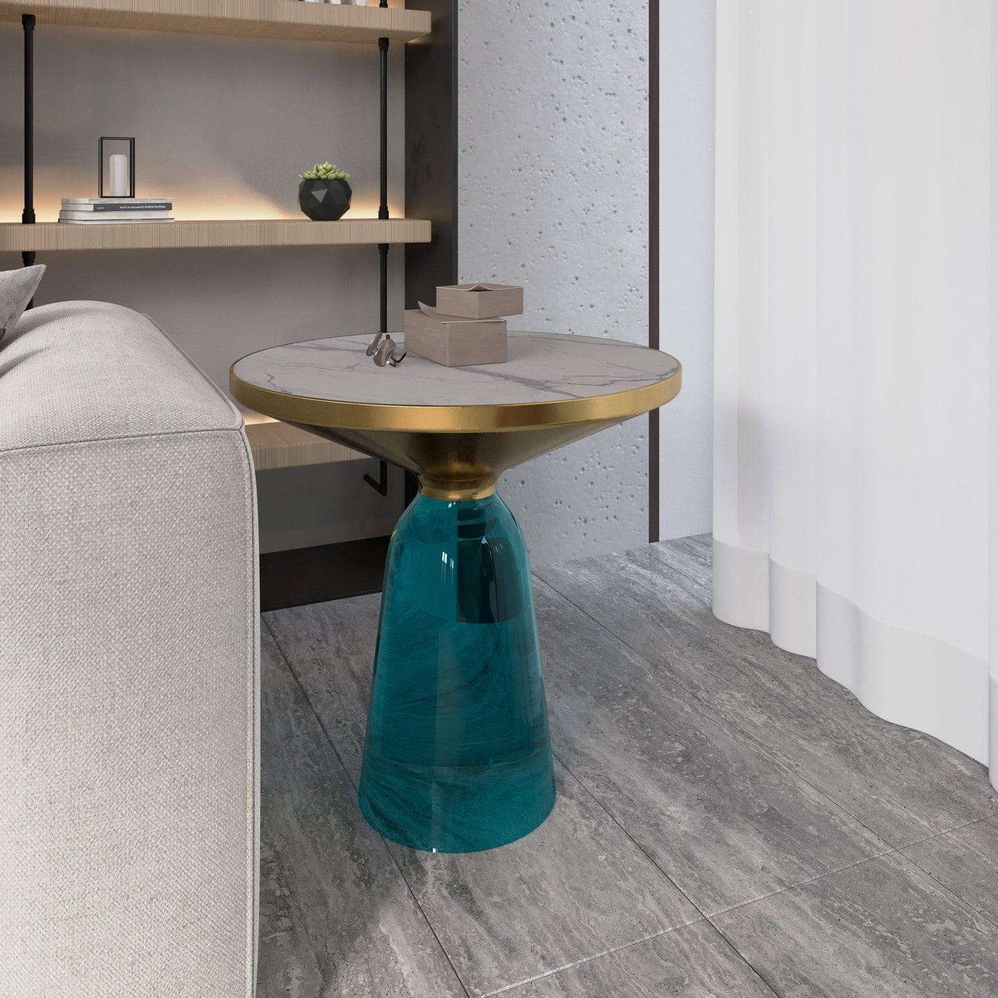 Tully 19-Inch Round Glass/Stone Side Table with Iron Rim Frame and Glass Base - Elax Furniture