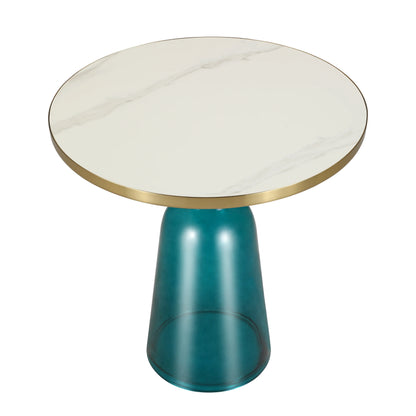 Tully 19-Inch Round Glass/Stone Side Table with Iron Rim Frame and Glass Base - Elax Furniture