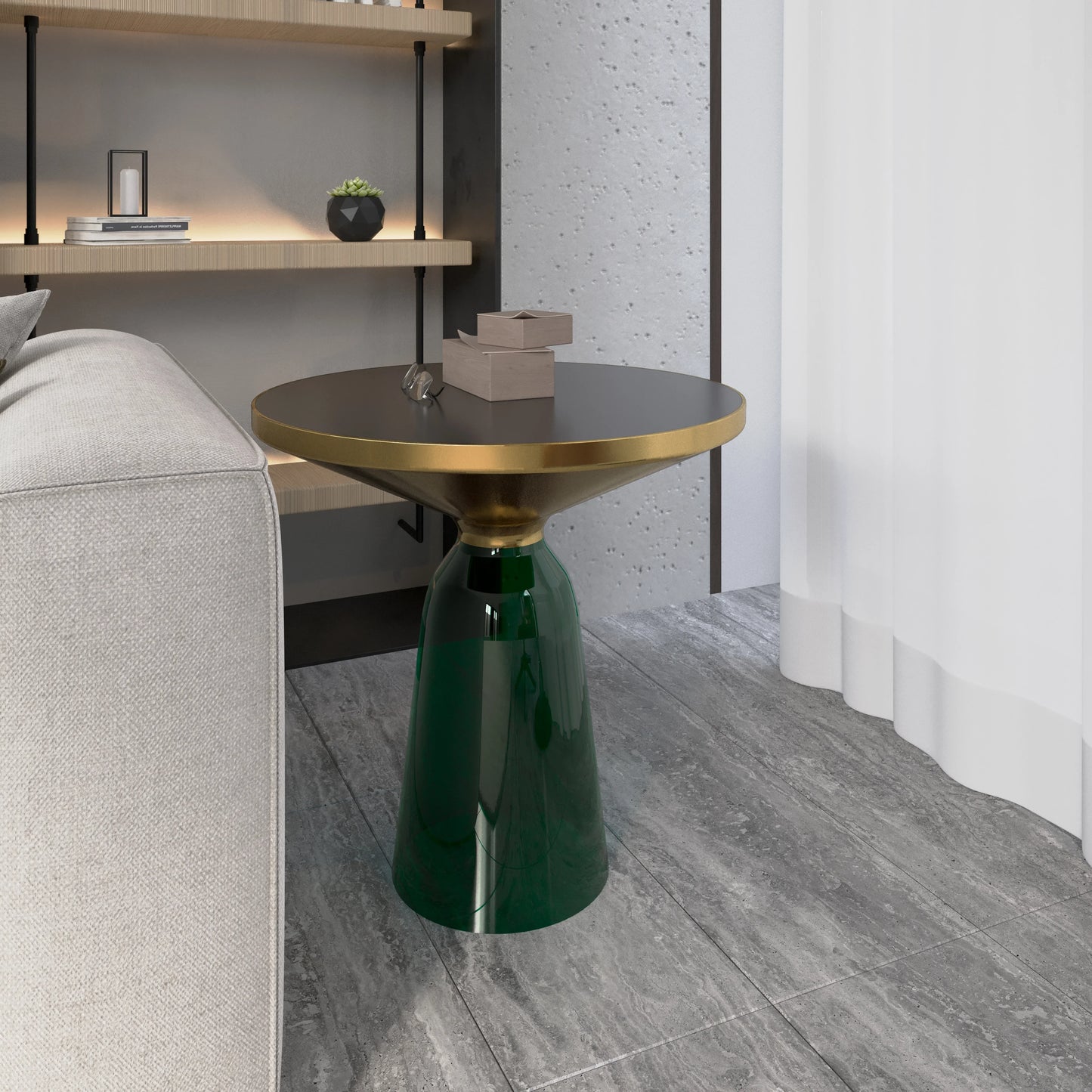 Tully 19-Inch Round Glass/Stone Side Table with Iron Rim Frame and Glass Base - Elax Furniture