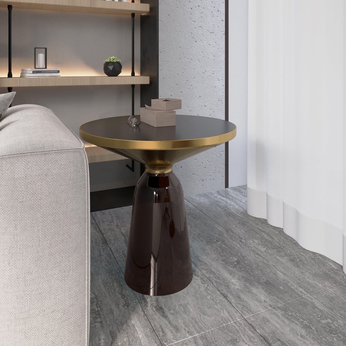 Tully 19-Inch Round Glass/Stone Side Table with Iron Rim Frame and Glass Base - Elax Furniture