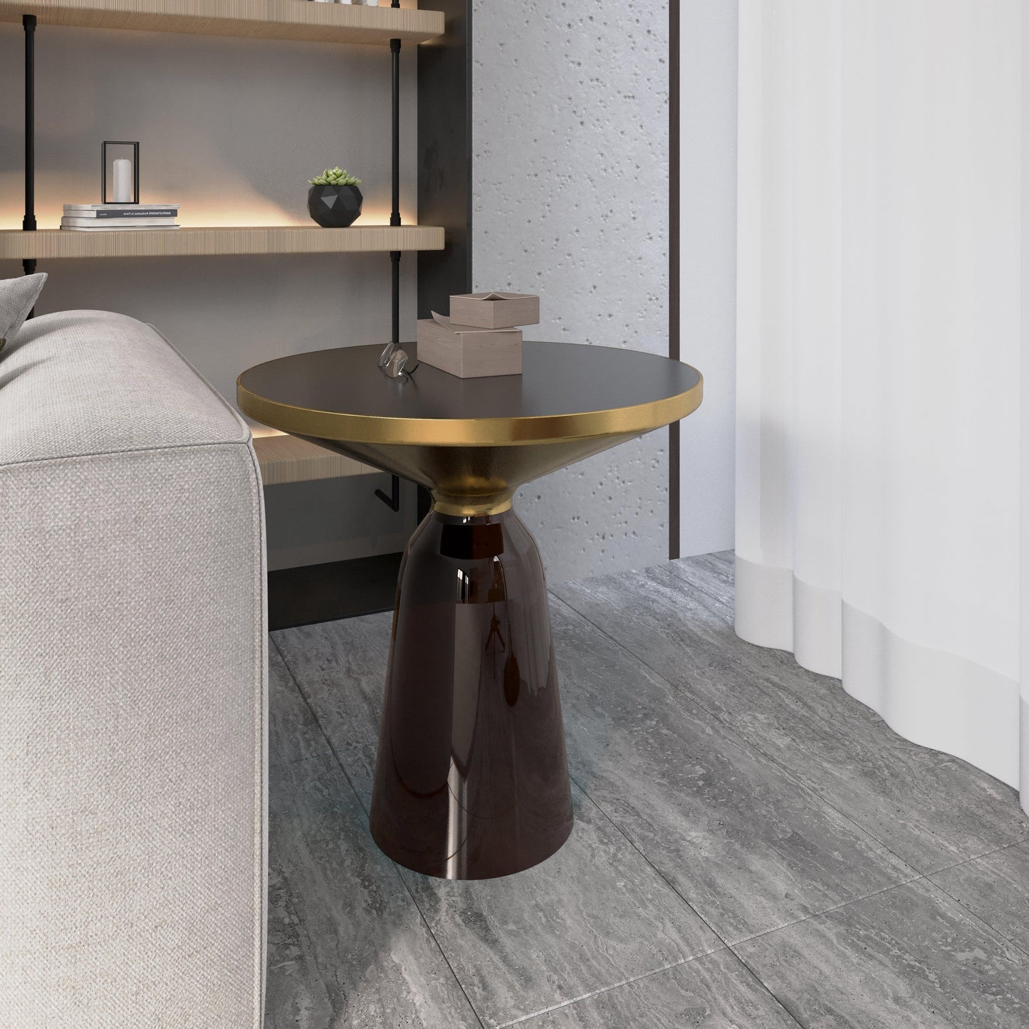 Tully 19-Inch Round Glass/Stone Side Table with Iron Rim Frame and Glass Base - Elax Furniture