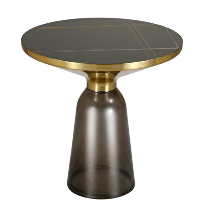 Tully 19-Inch Round Glass/Stone Side Table with Iron Rim Frame and Glass Base - Elax Furniture