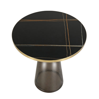 Tully 19-Inch Round Glass/Stone Side Table with Iron Rim Frame and Glass Base - Elax Furniture