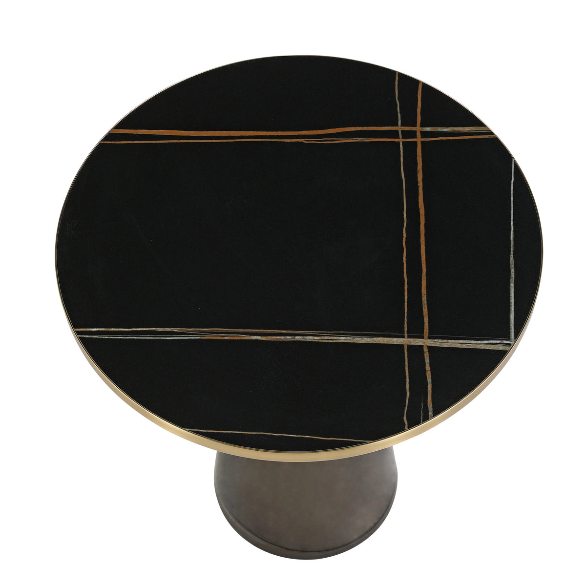 Tully 19-Inch Round Glass/Stone Side Table with Iron Rim Frame and Glass Base - Elax Furniture