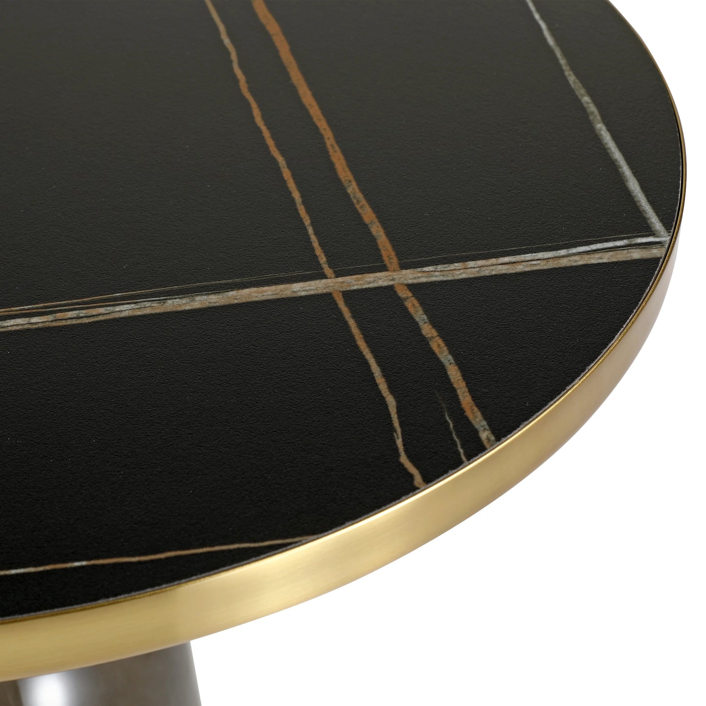 Tully 19-Inch Round Glass/Stone Side Table with Iron Rim Frame and Glass Base - Elax Furniture