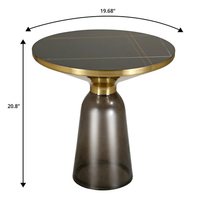 Tully 19-Inch Round Glass/Stone Side Table with Iron Rim Frame and Glass Base - Elax Furniture