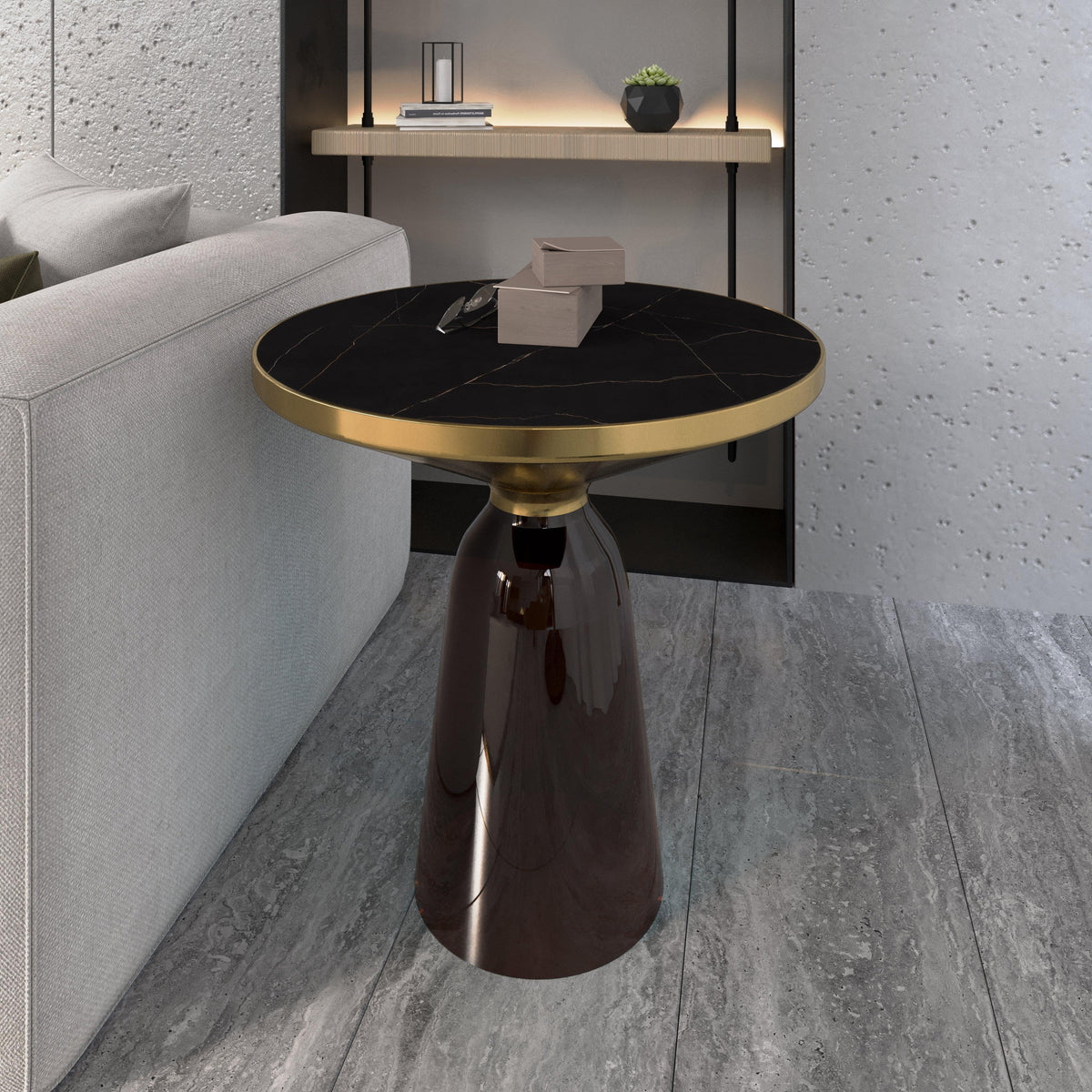 Tully 19-Inch Round Glass/Stone Side Table with Iron Rim Frame and Glass Base - Elax Furniture