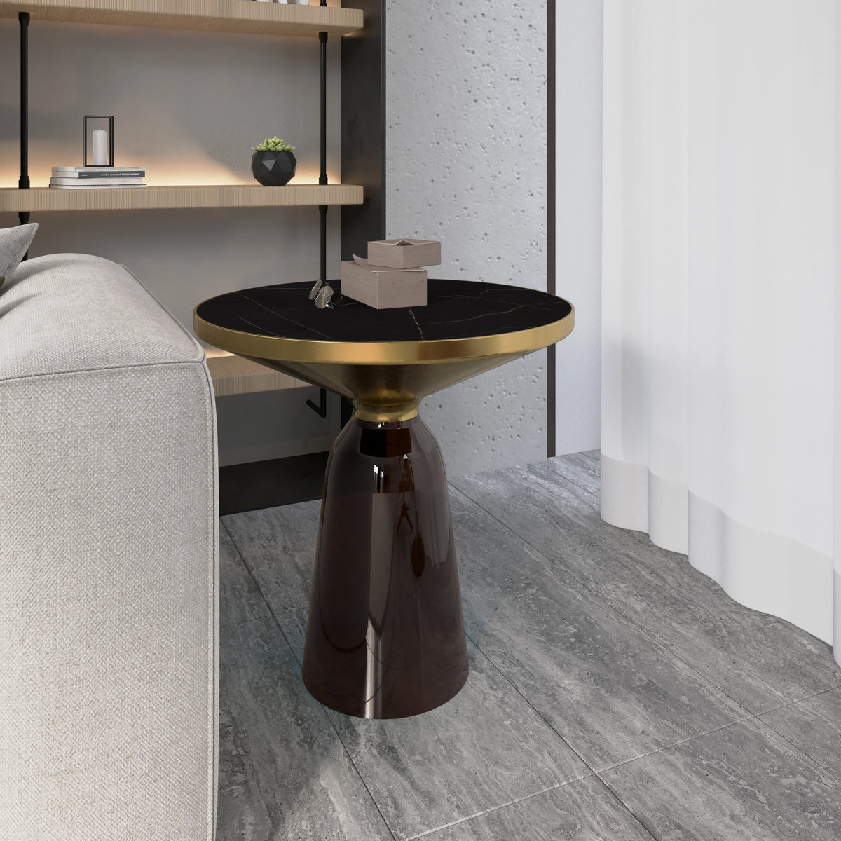 Tully 19-Inch Round Glass/Stone Side Table with Iron Rim Frame and Glass Base - Elax Furniture