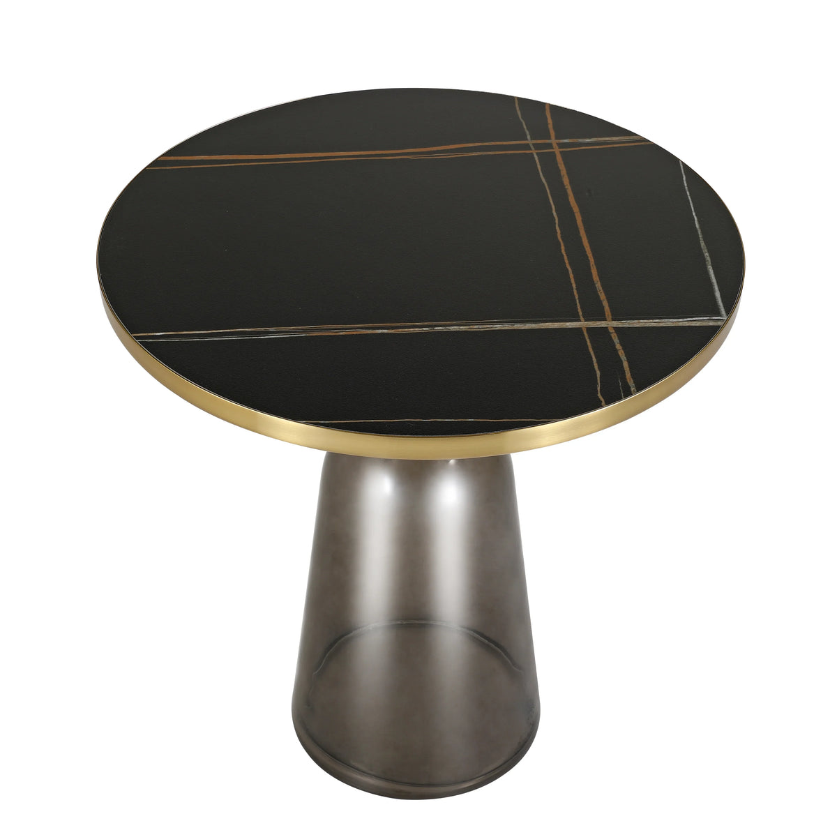 Tully 19-Inch Round Glass/Stone Side Table with Iron Rim Frame and Glass Base - Elax Furniture