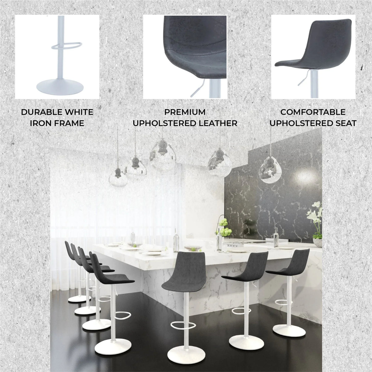 Tilbury Adjustable Height Bar Stool with Leather Upholstery in White Iron with Footrest - Elax Furniture