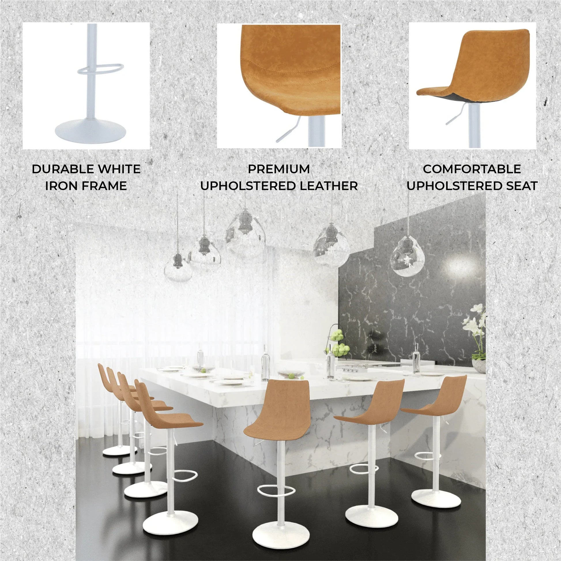 Tilbury Adjustable Height Bar Stool with Leather Upholstery in White Iron with Footrest - Elax Furniture