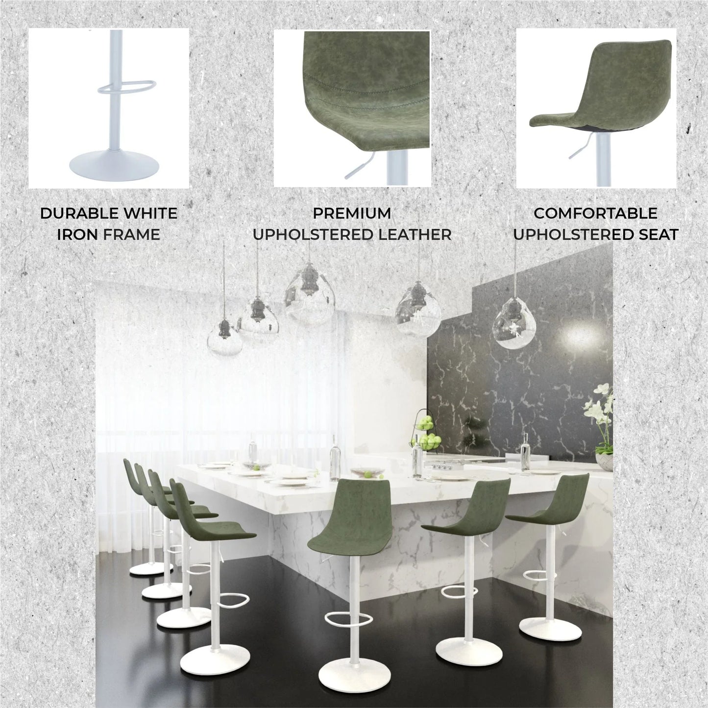 Tilbury Adjustable Height Bar Stool with Leather Upholstery in White Iron with Footrest - Elax Furniture