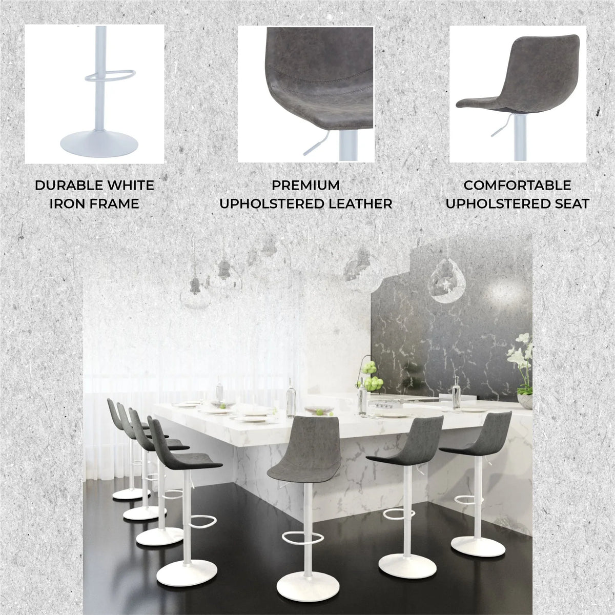 Tilbury Adjustable Height Bar Stool with Leather Upholstery in White Iron with Footrest - Elax Furniture