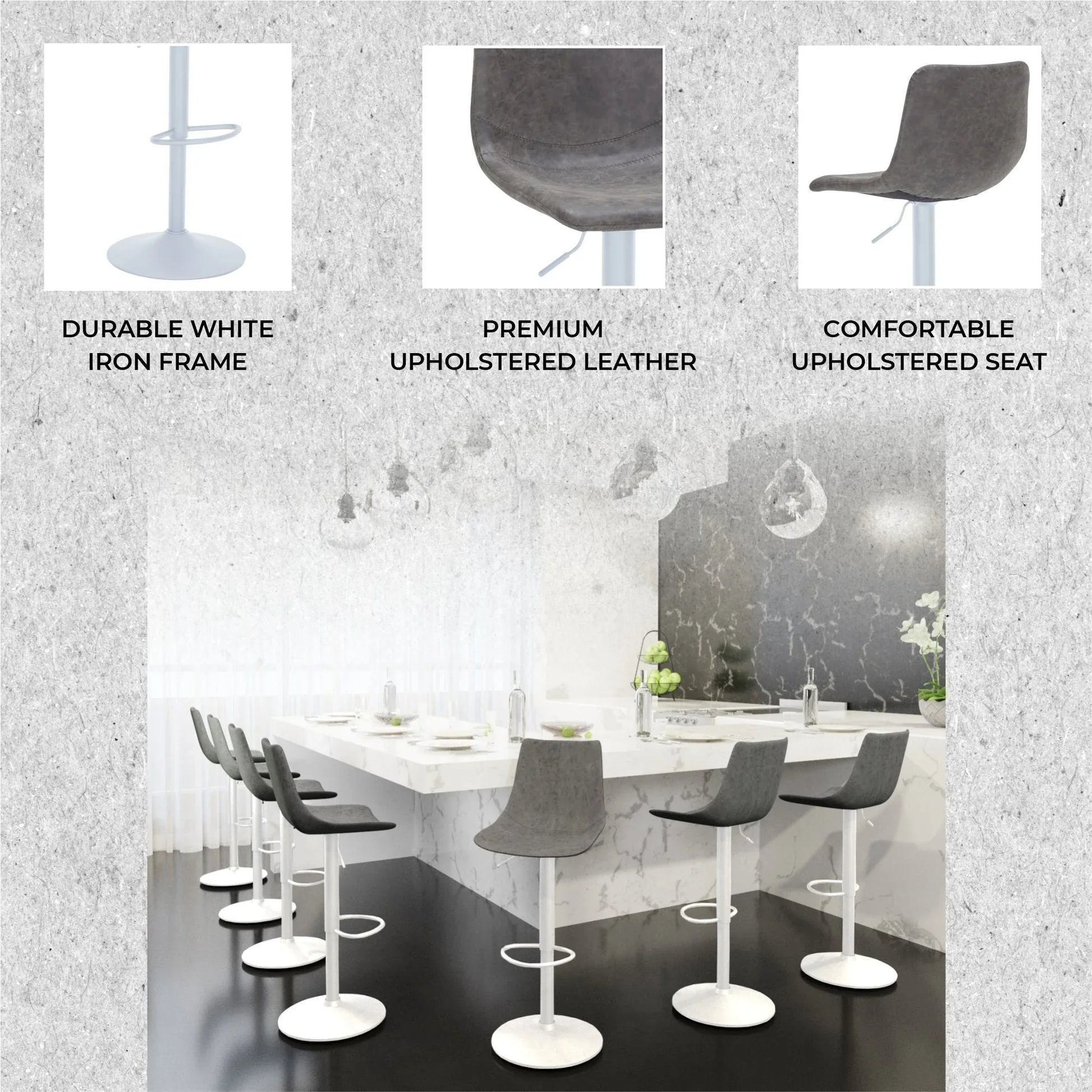 Tilbury Adjustable Height Bar Stool with Leather Upholstery in White Iron with Footrest - Elax Furniture