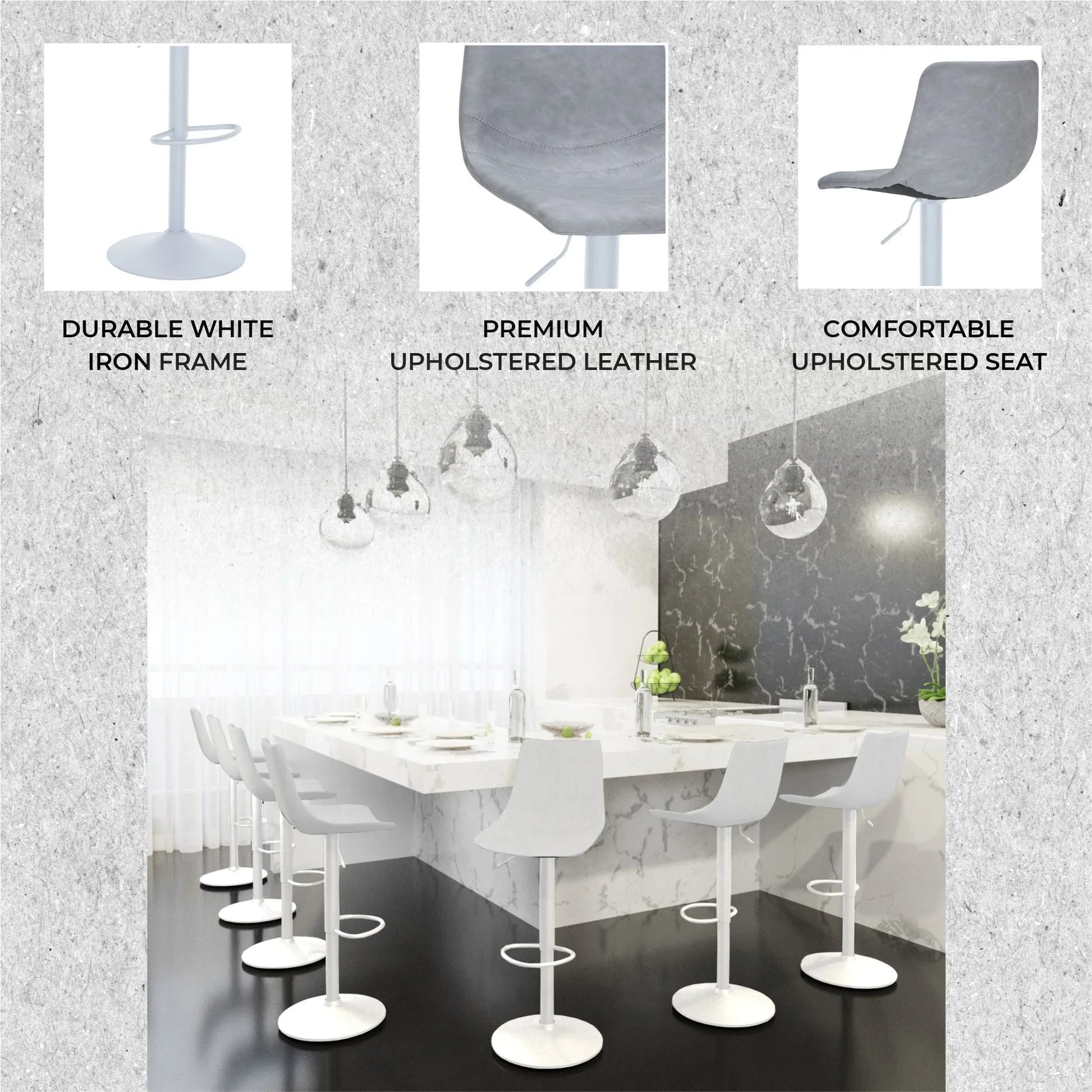 Tilbury Adjustable Height Bar Stool with Leather Upholstery in White Iron with Footrest - Elax Furniture