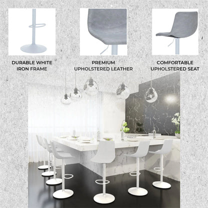 Tilbury Adjustable Height Bar Stool with Leather Upholstery in White Iron with Footrest - Elax Furniture