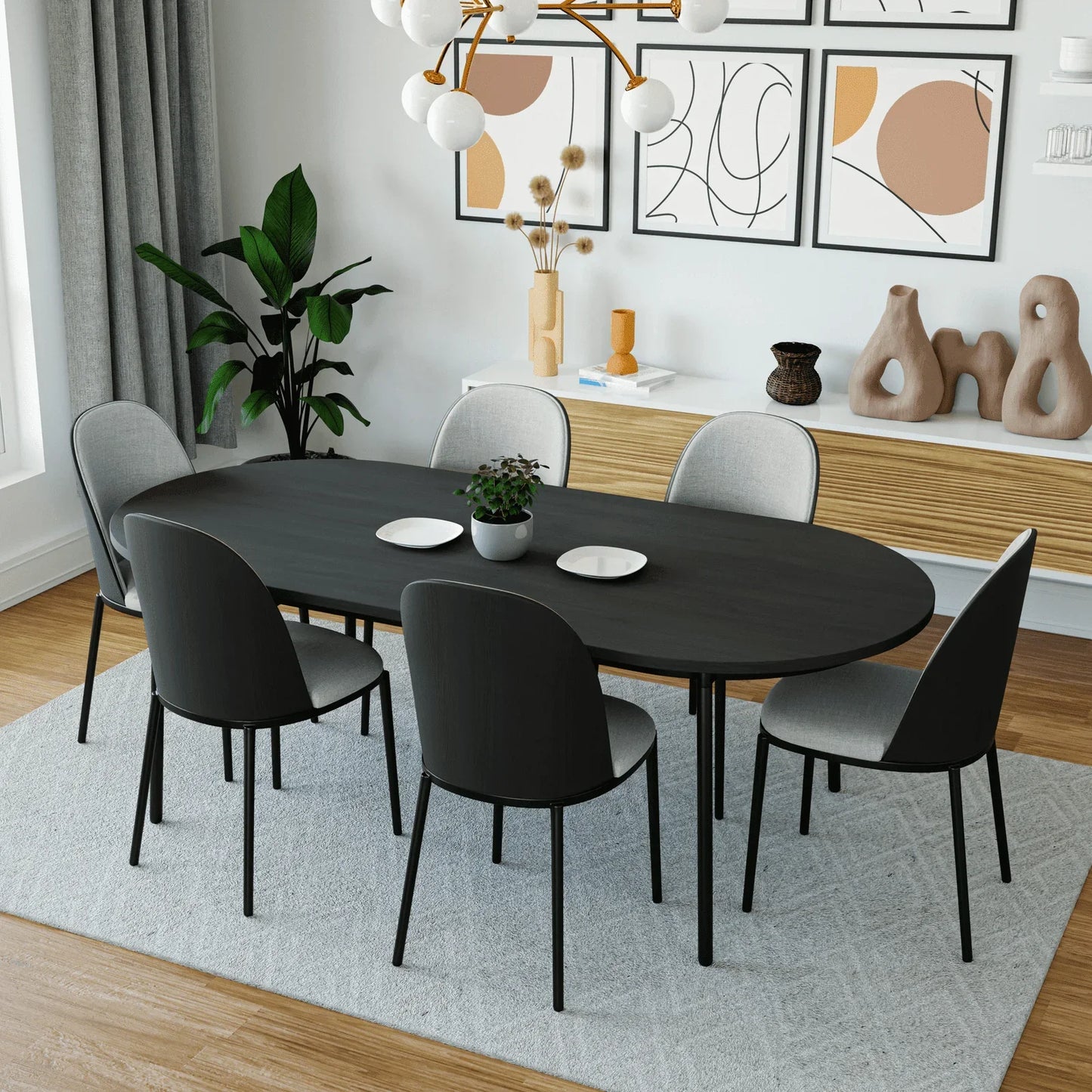 Tule 7-Piece Dining Set: Steel Frame, 6 Upholstered Chairs, 71'' Oval MDF Tabletop - Elax Furniture
