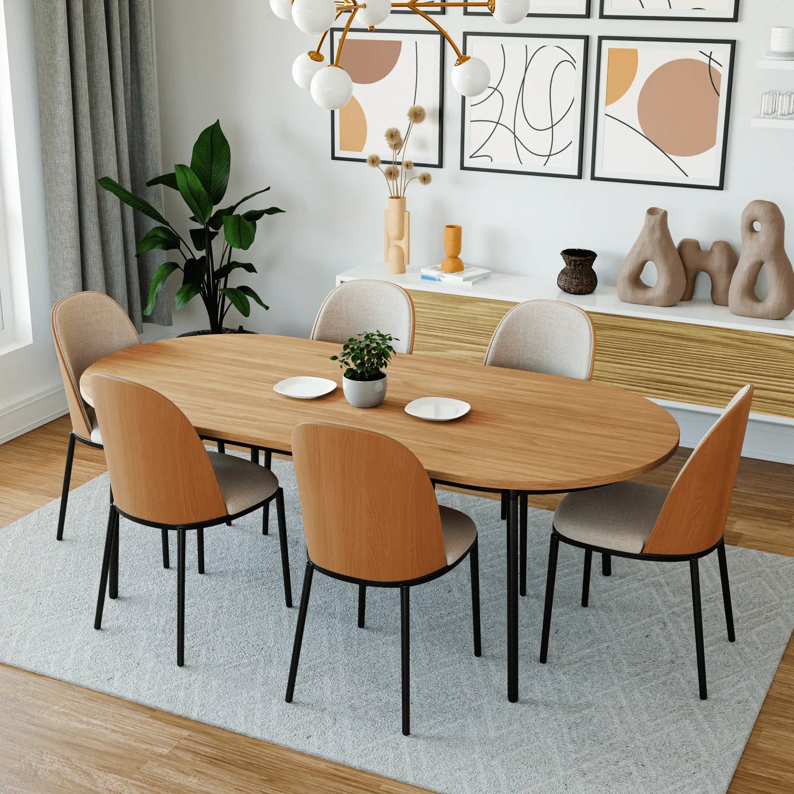 Tule 7-Piece Dining Set: Steel Frame, 6 Upholstered Chairs, 71'' Oval MDF Tabletop - Elax Furniture