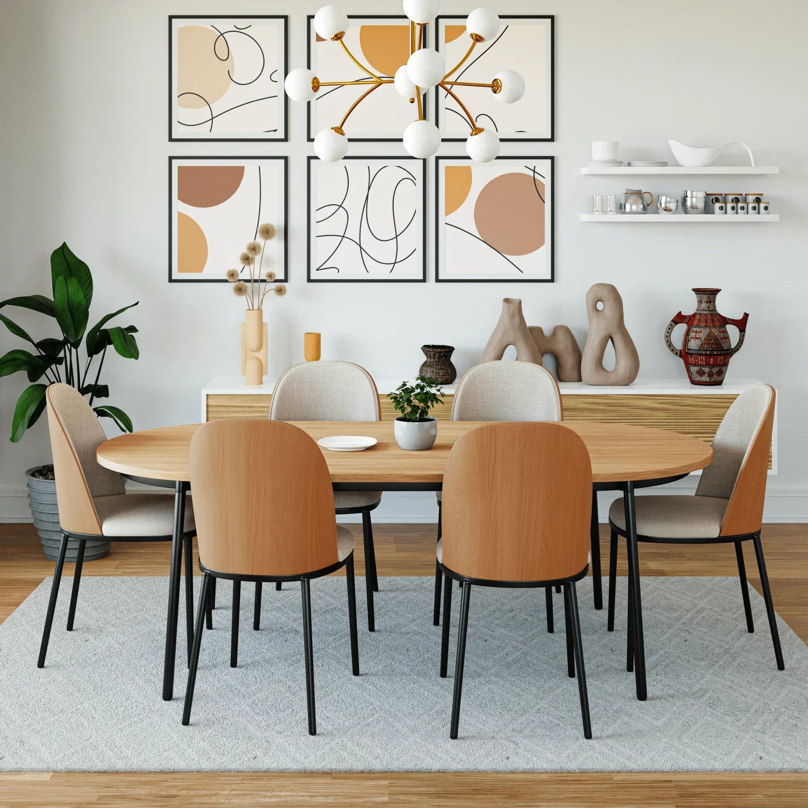 Tule 7-Piece Dining Set: Steel Frame, 6 Upholstered Chairs, 71'' Oval MDF Tabletop - Elax Furniture