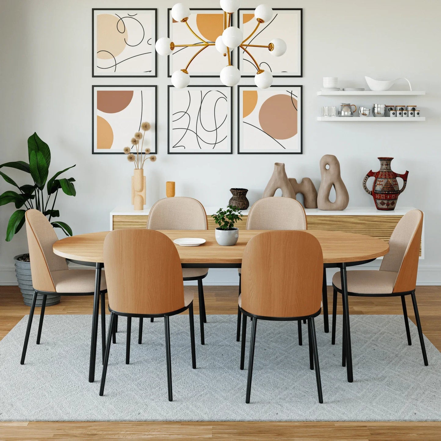 Tule 7-Piece Dining Set: Steel Frame, 6 Upholstered Chairs, 71'' Oval MDF Tabletop - Elax Furniture
