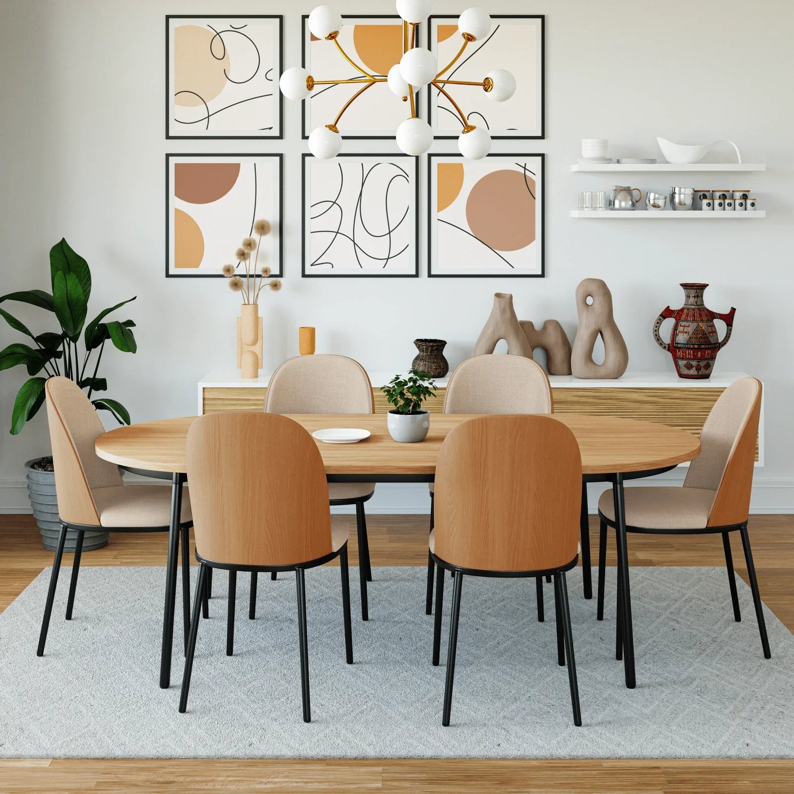 Tule 7-Piece Dining Set: Steel Frame, 6 Upholstered Chairs, 71'' Oval MDF Tabletop - Elax Furniture