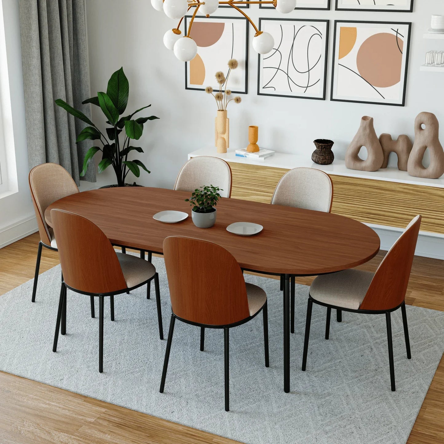 Tule 7-Piece Dining Set: Steel Frame, 6 Upholstered Chairs, 71'' Oval MDF Tabletop - Elax Furniture