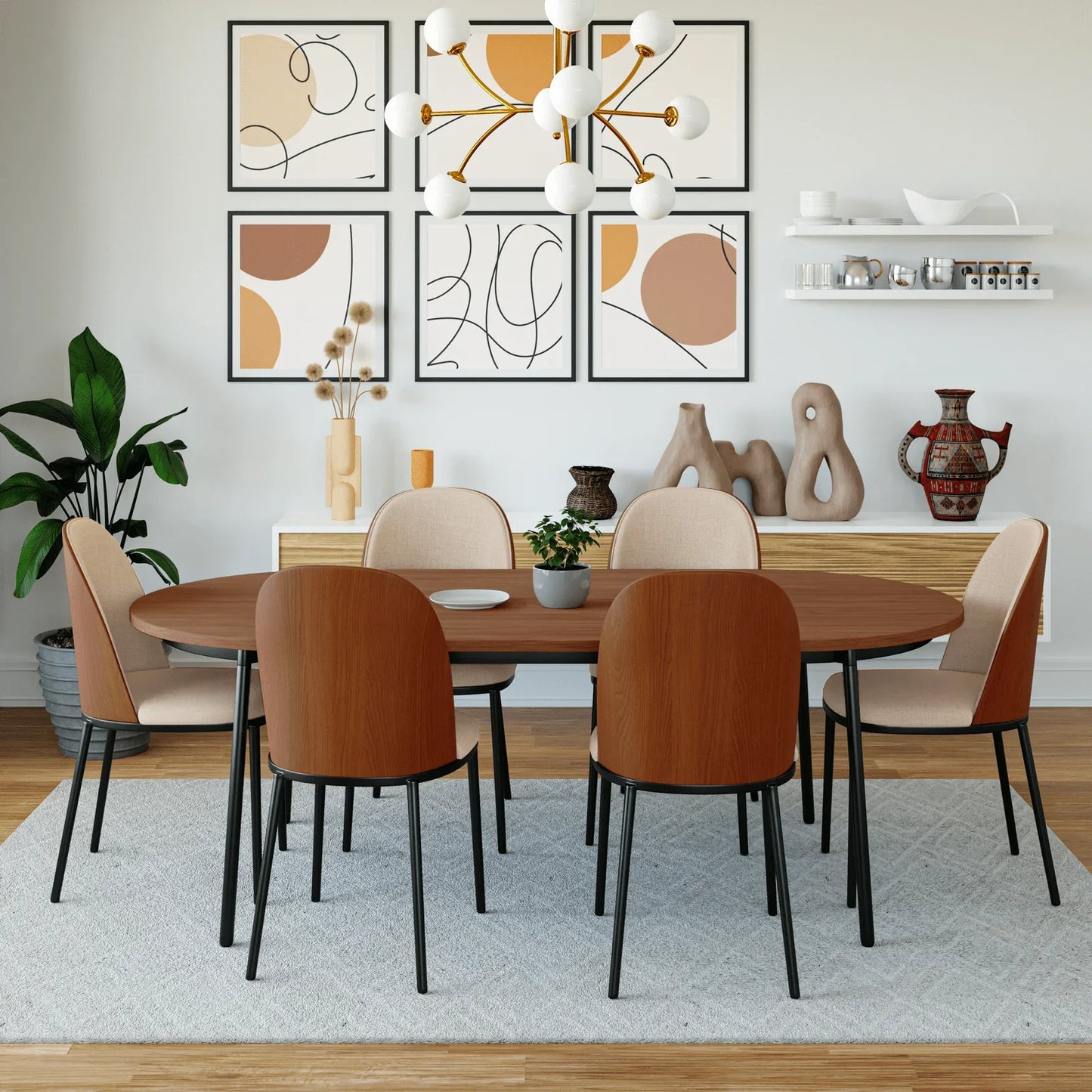 Tule 7-Piece Dining Set: Steel Frame, 6 Upholstered Chairs, 71'' Oval MDF Tabletop - Elax Furniture