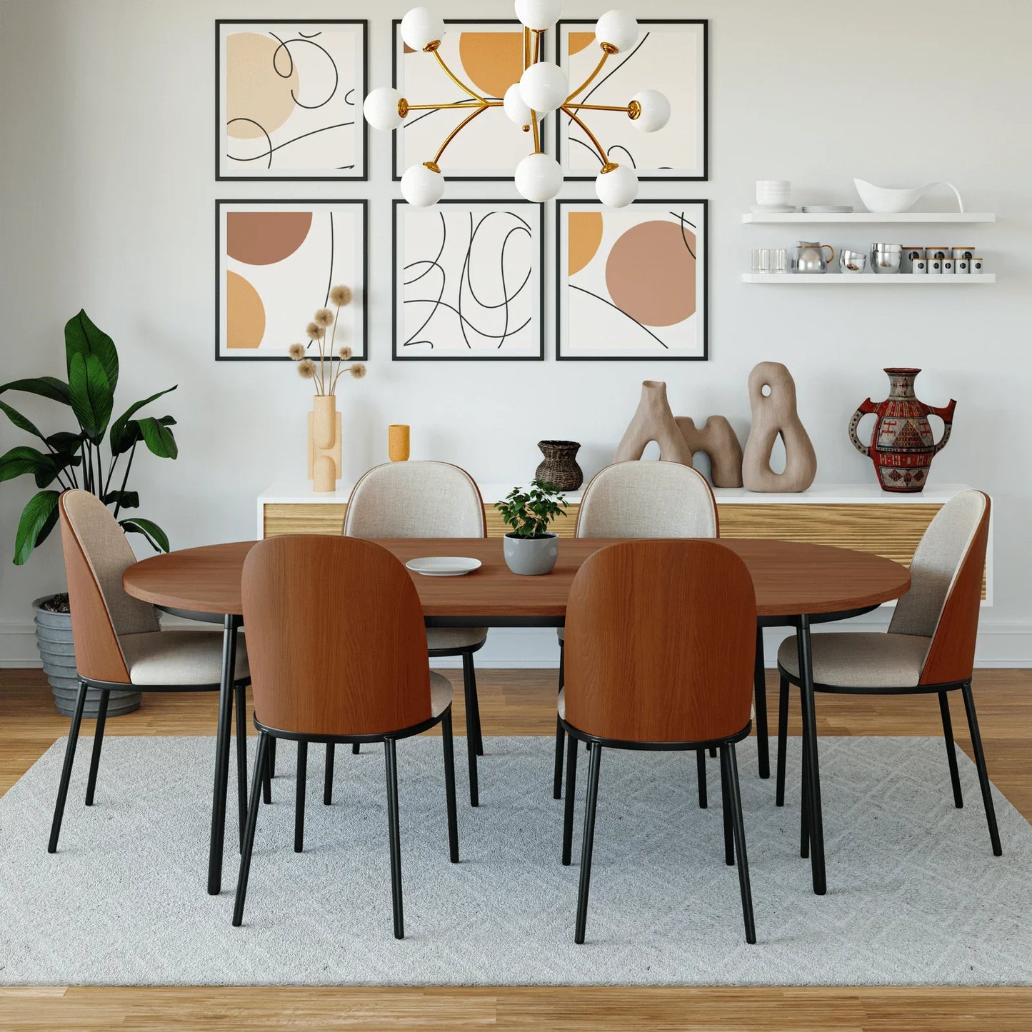 Tule 7-Piece Dining Set: Steel Frame, 6 Upholstered Chairs, 71'' Oval MDF Tabletop - Elax Furniture