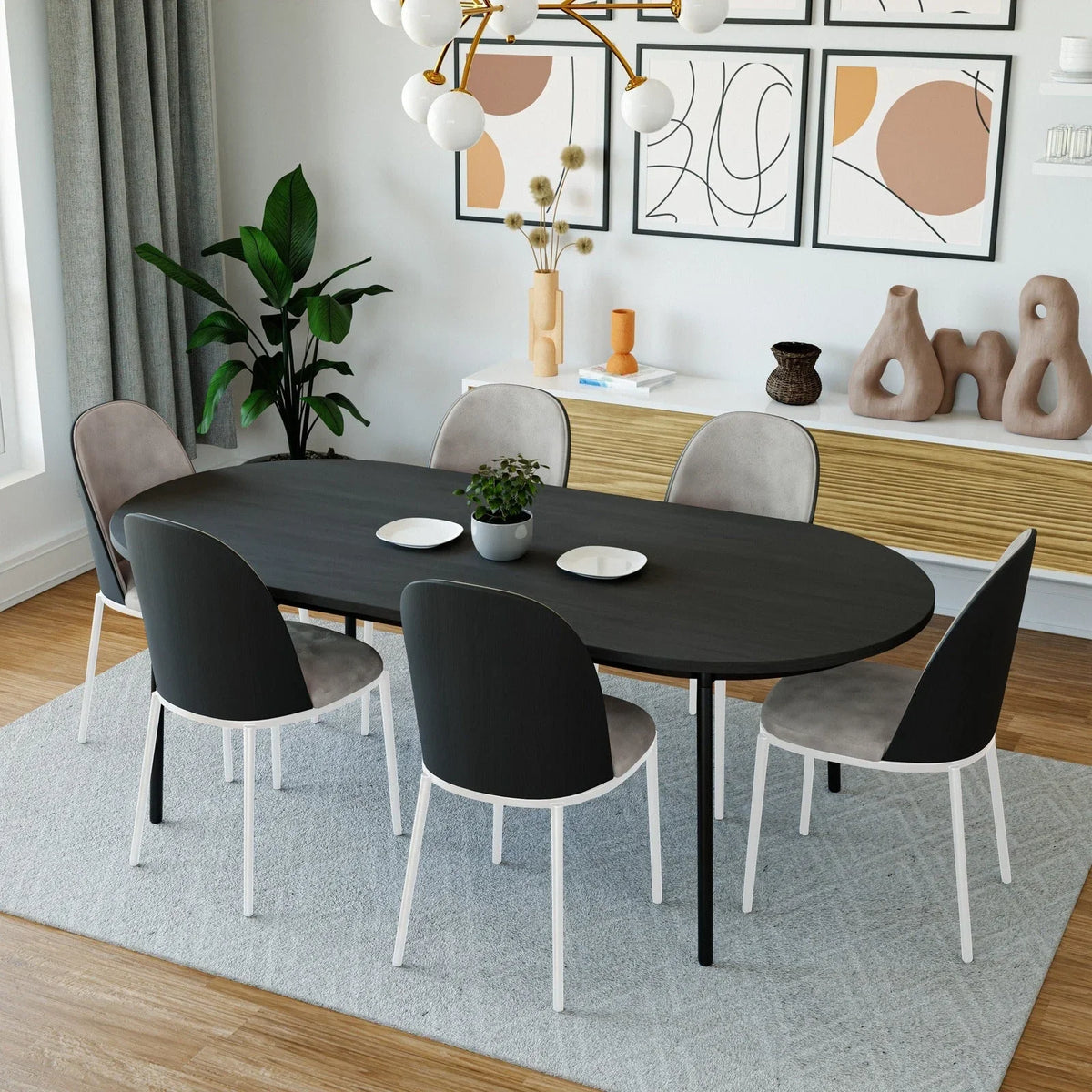 Tule 7-Piece Dining Set with 6 Upholstered Seat Dining Chairs in White Steel Frame and 71" Oval Dining Table with MDF Tabletop - Elax Furniture