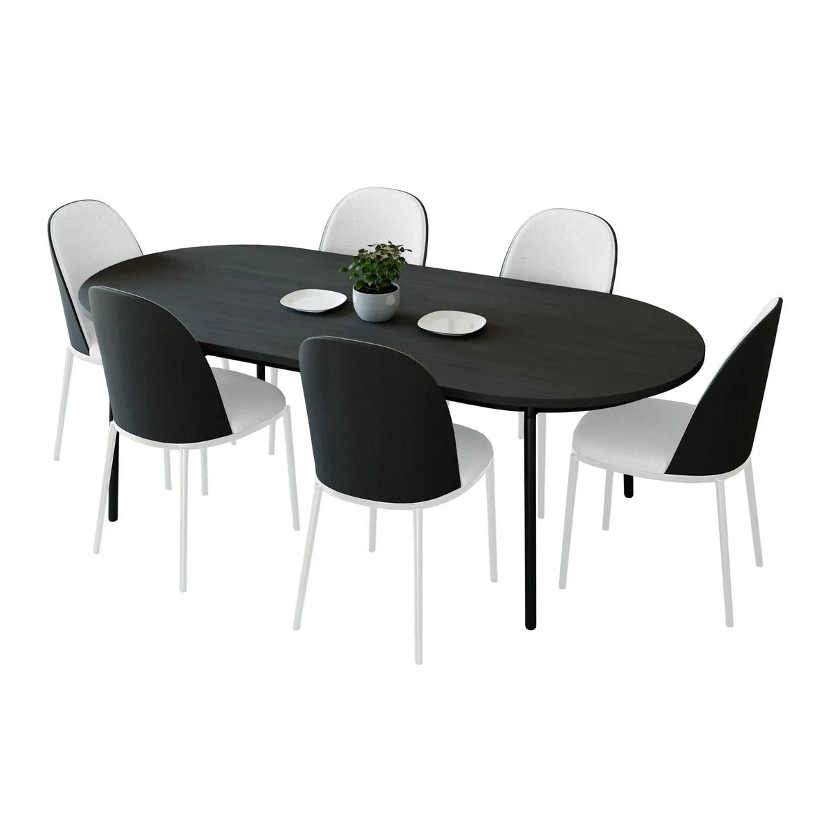 Tule 7-Piece Dining Set with 6 Upholstered Seat Dining Chairs in White Steel Frame and 71" Oval Dining Table with MDF Tabletop - Elax Furniture