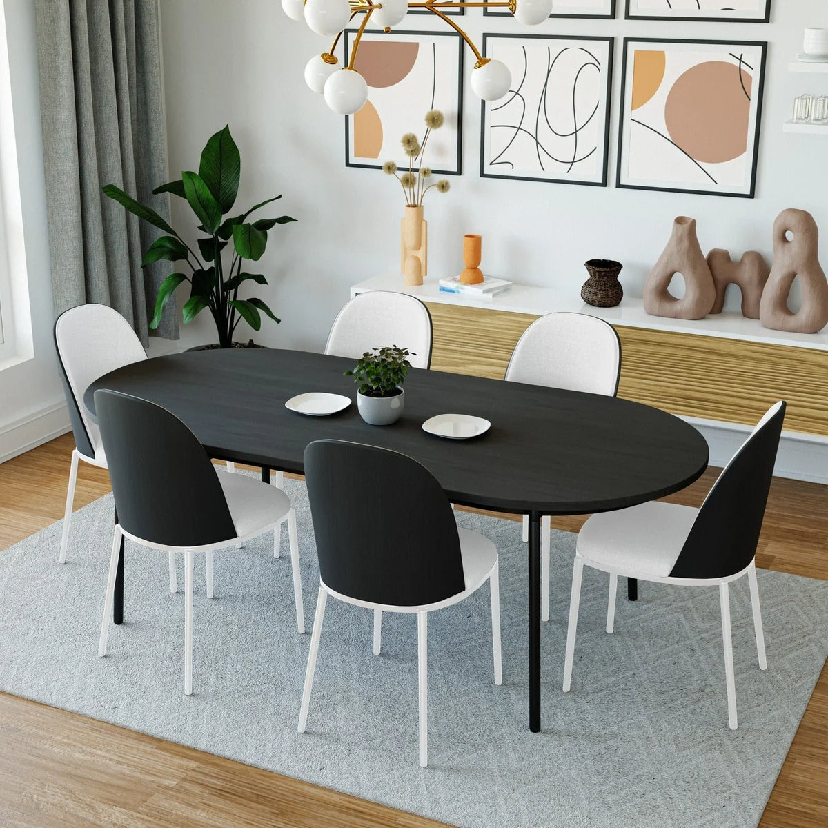 Tule 7-Piece Dining Set with 6 Upholstered Seat Dining Chairs in White Steel Frame and 71" Oval Dining Table with MDF Tabletop - Elax Furniture