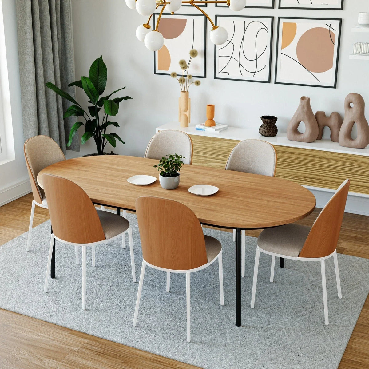 Tule 7-Piece Dining Set with 6 Upholstered Seat Dining Chairs in White Steel Frame and 71" Oval Dining Table with MDF Tabletop - Elax Furniture