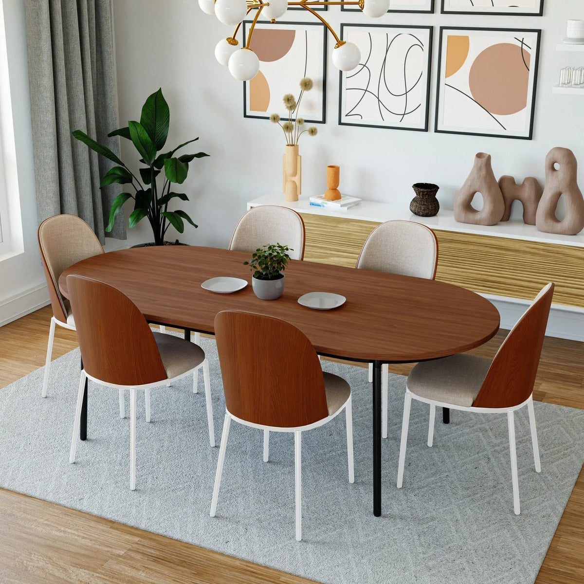 Tule 7-Piece Dining Set with 6 Upholstered Seat Dining Chairs in White Steel Frame and 71" Oval Dining Table with MDF Tabletop - Elax Furniture