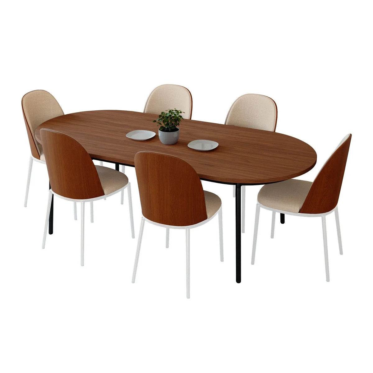 Tule 7-Piece Dining Set with 6 Upholstered Seat Dining Chairs in White Steel Frame and 71" Oval Dining Table with MDF Tabletop - Elax Furniture