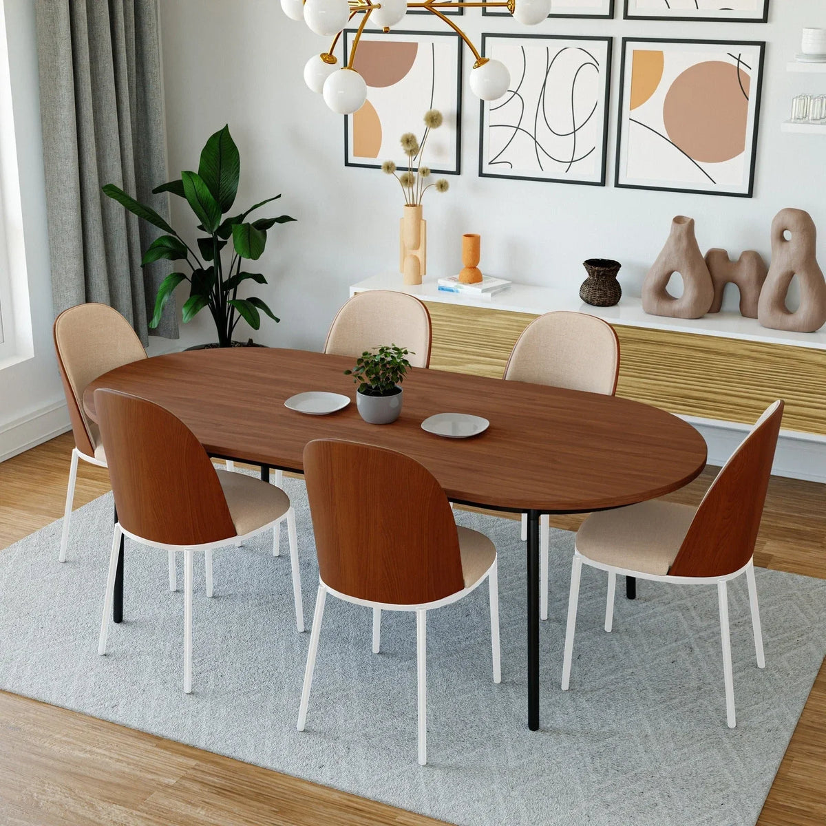 Tule 7-Piece Dining Set with 6 Upholstered Seat Dining Chairs in White Steel Frame and 71" Oval Dining Table with MDF Tabletop - Elax Furniture