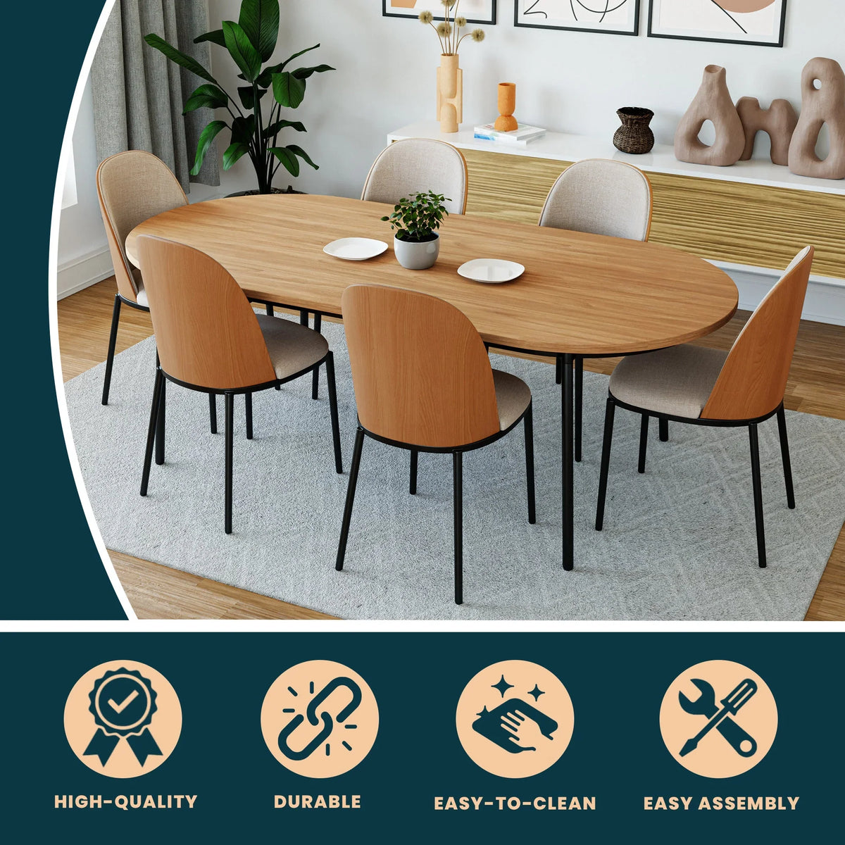 Tule 71" Oval Dining Table with MDF Tabletop and Black Steel Legs - Elax Furniture