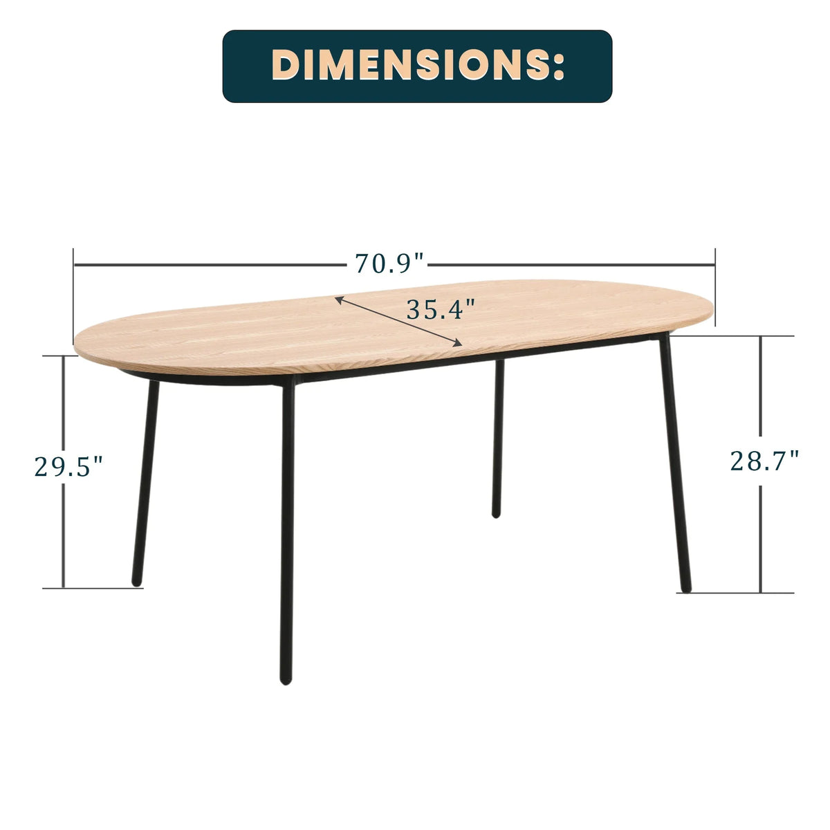 Tule 71" Oval Dining Table with MDF Tabletop and Black Steel Legs - Elax Furniture