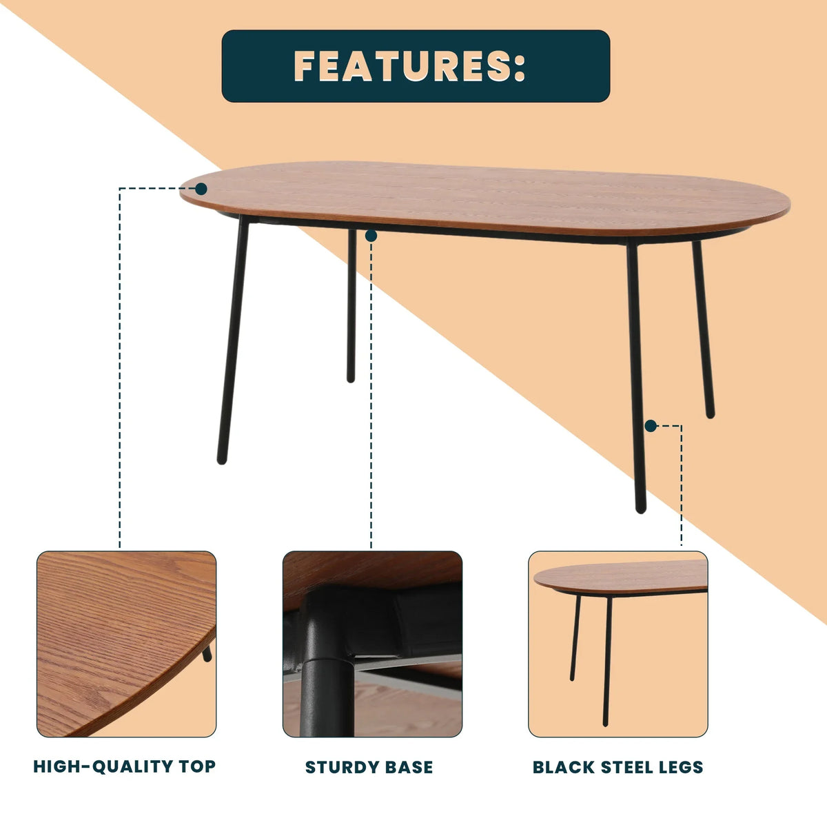 Tule 71" Oval Dining Table with MDF Tabletop and Black Steel Legs - Elax Furniture