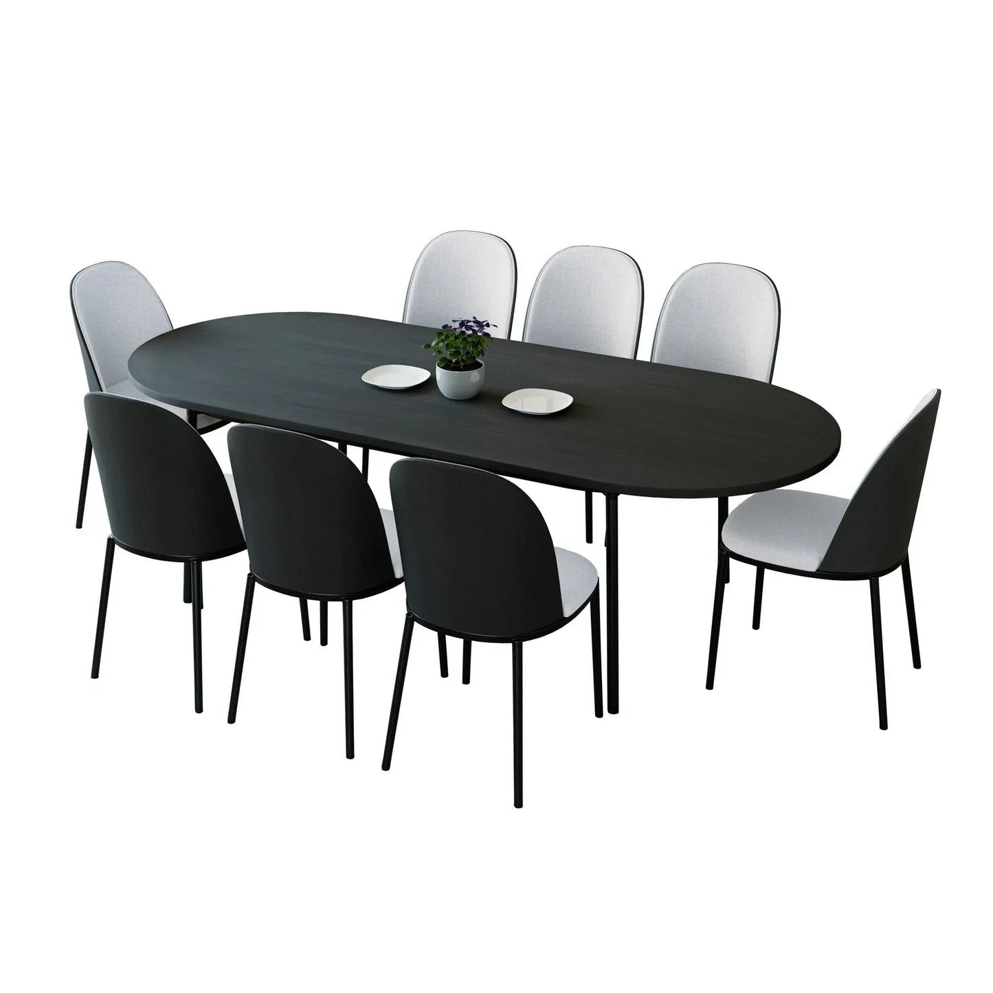 Tule 9-Piece Dining Set in Steel with 8 Upholstered Seat Dining Chairs and 83" Oval Dining Table with MDF Tabletop - Elax Furniture