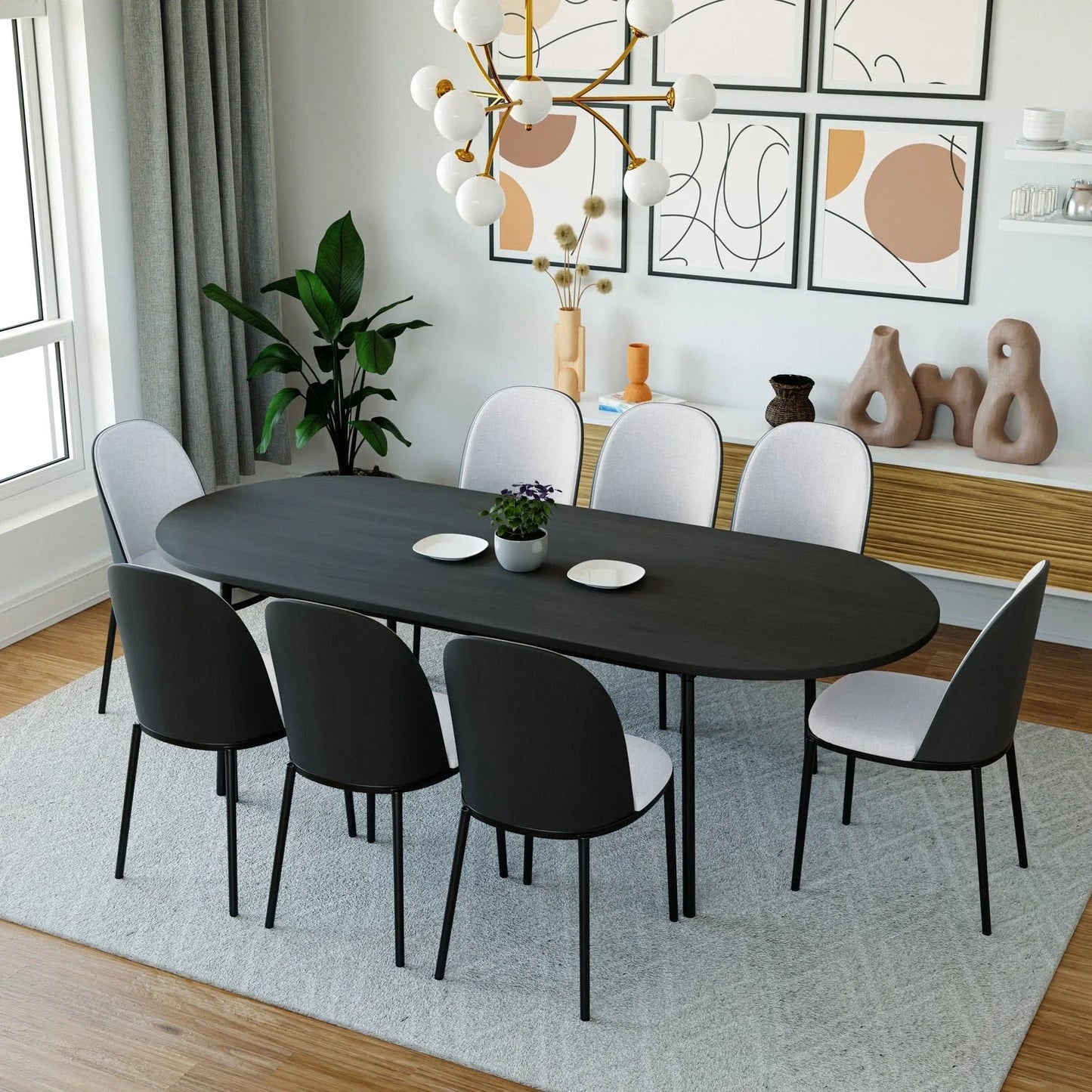 Tule 9-Piece Dining Set in Steel with 8 Upholstered Seat Dining Chairs and 83" Oval Dining Table with MDF Tabletop - Elax Furniture