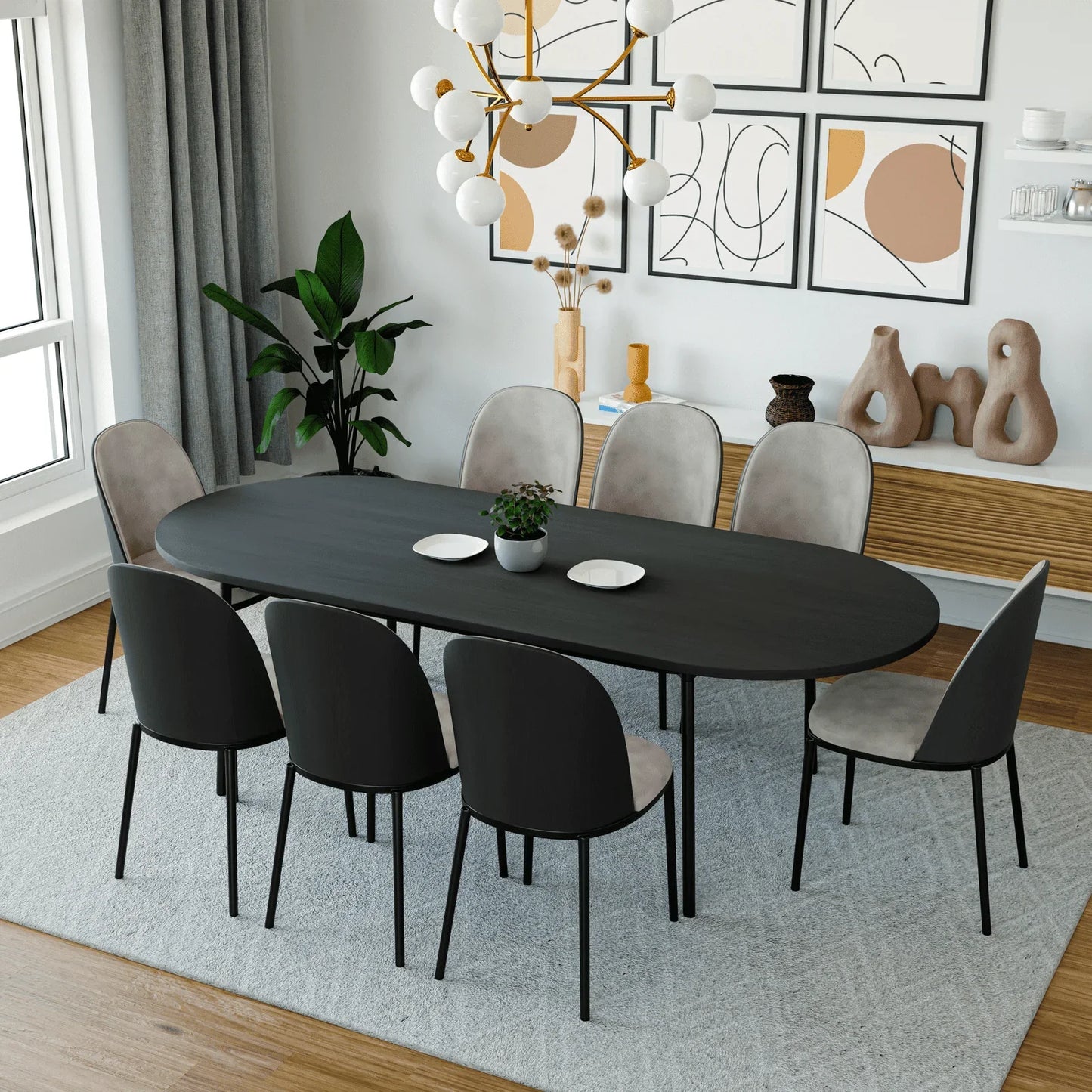 Tule 9-Piece Dining Set in Steel with 8 Upholstered Seat Dining Chairs and 83" Oval Dining Table with MDF Tabletop - Elax Furniture