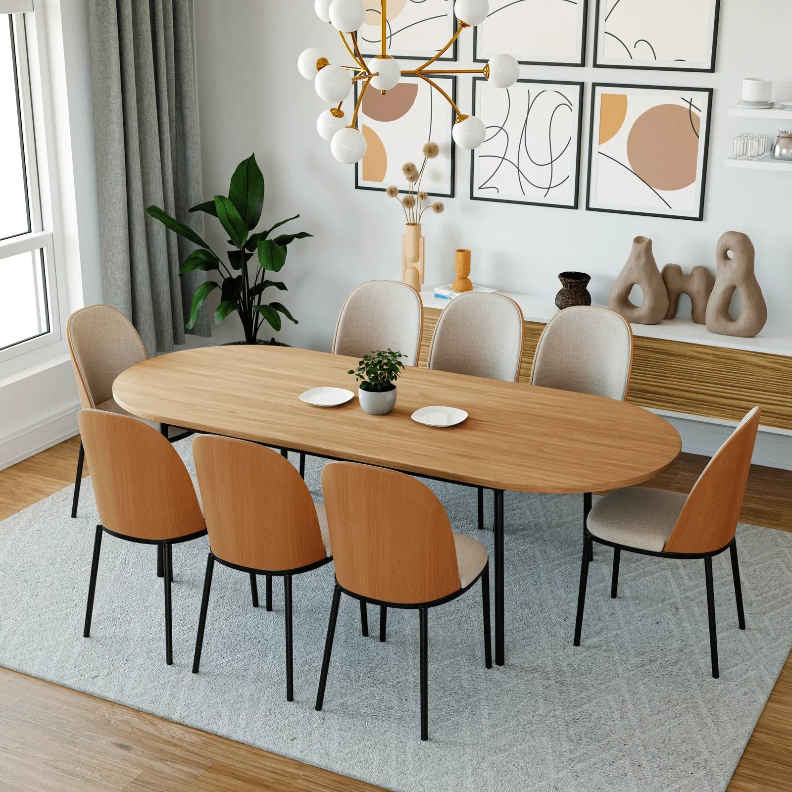 Tule 9-Piece Dining Set in Steel with 8 Upholstered Seat Dining Chairs and 83" Oval Dining Table with MDF Tabletop - Elax Furniture