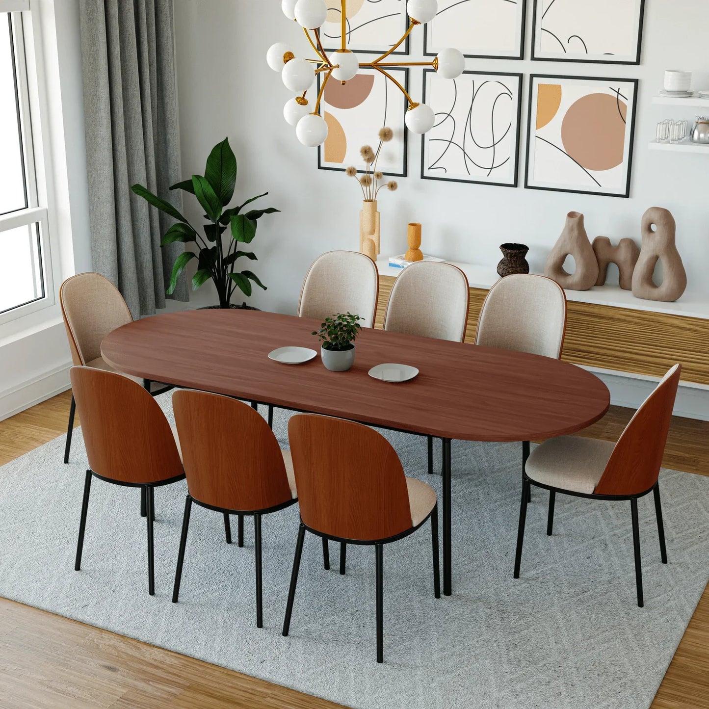 Tule 9-Piece Dining Set in Steel with 8 Upholstered Seat Dining Chairs and 83" Oval Dining Table with MDF Tabletop - Elax Furniture